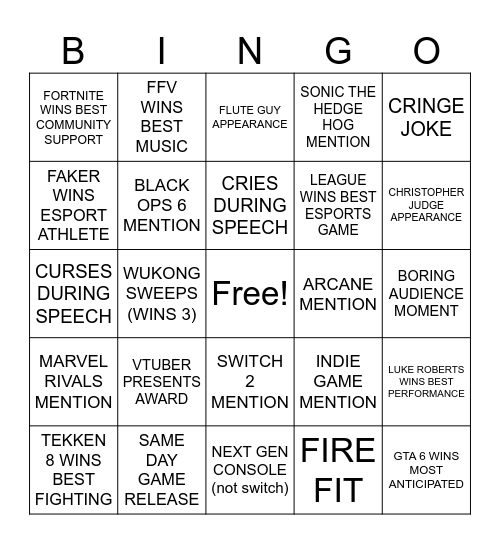 GAME AWARDS Bingo Card