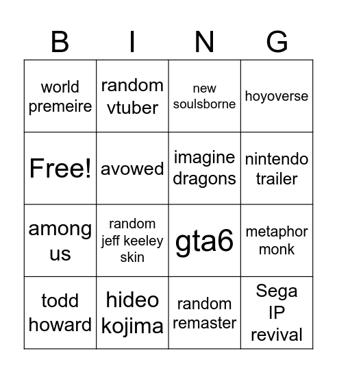 TGA 2024 Bingo Card