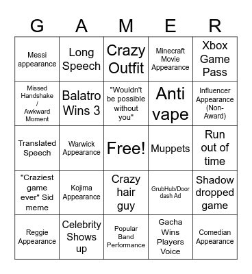 Game Awards Bingo Card