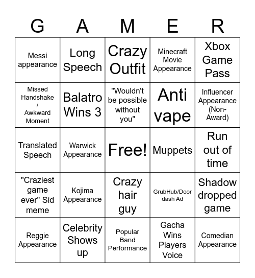 Game Awards Bingo Card