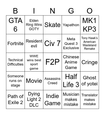 Game awards Bingo Card