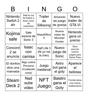 Game Awards Bingo Card