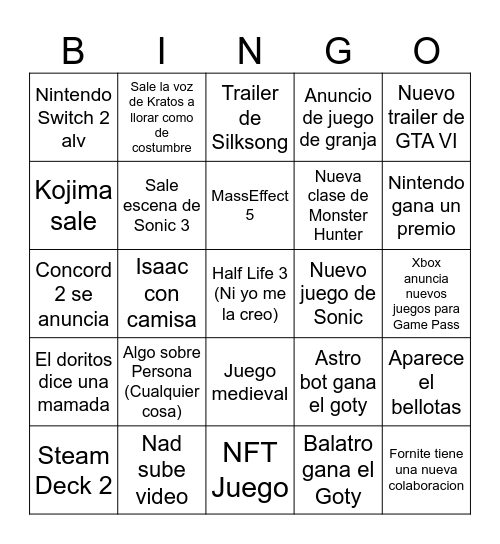 Game Awards Bingo Card