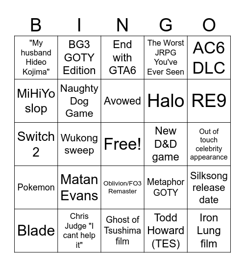 Sean Game Awards 2024 Bingo Card