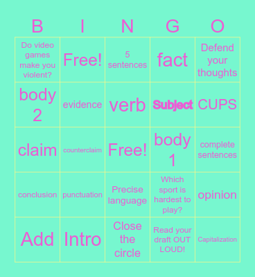 Argumentative Essay Bingo Card