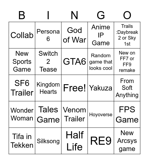 Game Awards Bingo Card