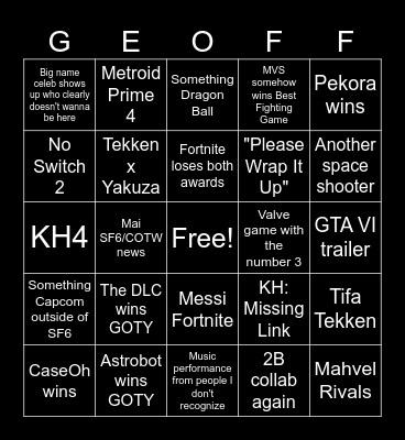 TGA Bingo Card