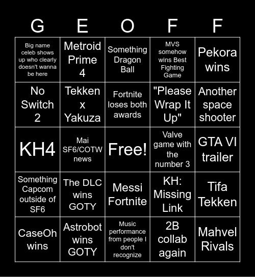 TGA Bingo Card