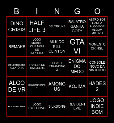 BINGO DO SNAG PRO TGA Bingo Card