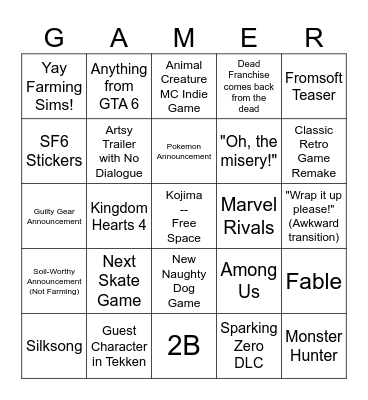 Game Awards 2024 Bingo Card