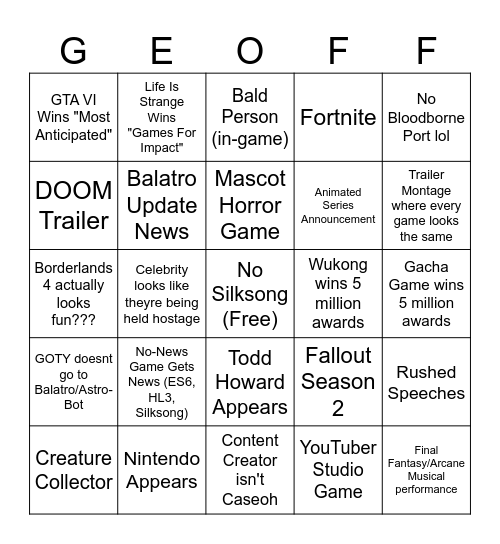 Game Awards Bingo Card