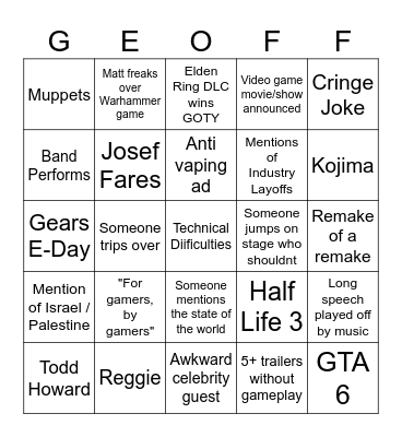 The Game Awards Bingo Card