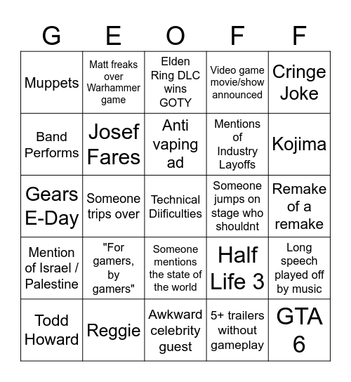 The Game Awards Bingo Card