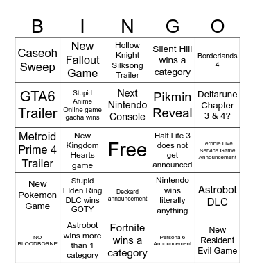 Game Awards 2024 Bingo Card