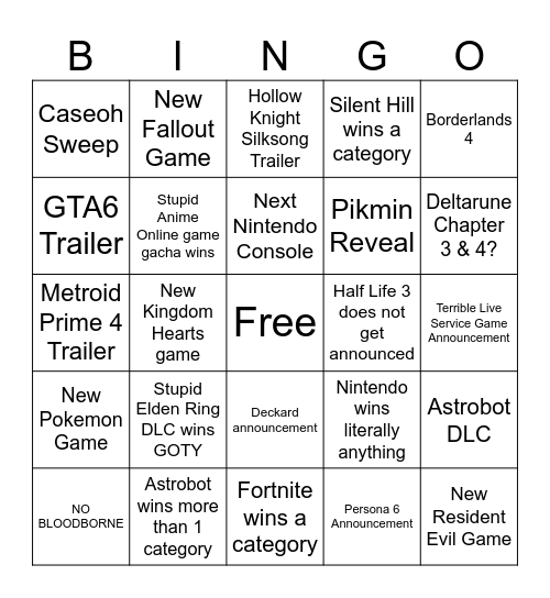 Game Awards 2024 Bingo Card