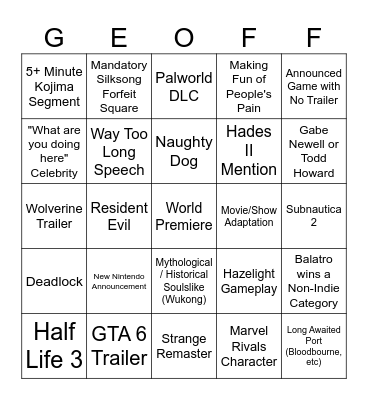 Game Awards 2024 Bingo Card