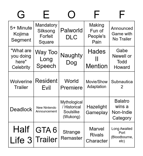 Game Awards 2024 Bingo Card