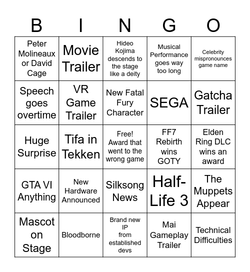 TGA 2024 Bingo! Bingo Card