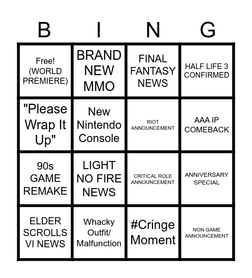 Game Awards 2024 Bingo Card