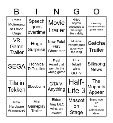 TGA 2024 Bingo! Bingo Card