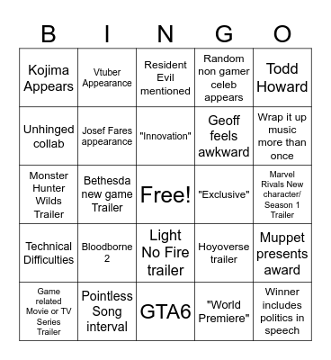 Game Awards 2024 Bingo Card