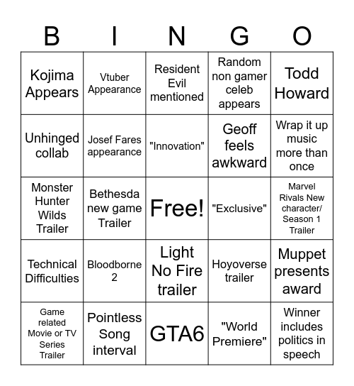 Game Awards 2024 Bingo Card