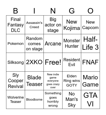 Game Awards 2024 Bingo Card