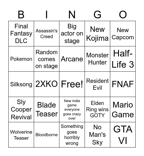 Game Awards 2024 Bingo Card