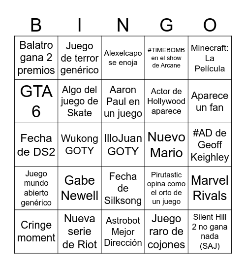 The Game Awards 2024 Bingo Card