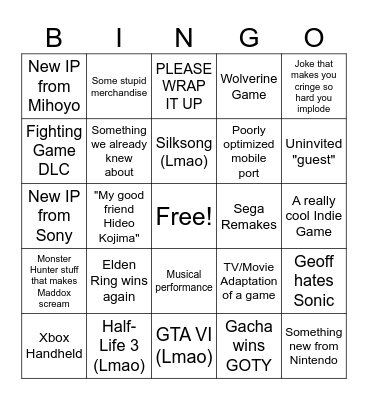 Game Awards 2024 Bingo Card