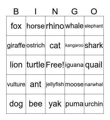 Animal Bingo Card