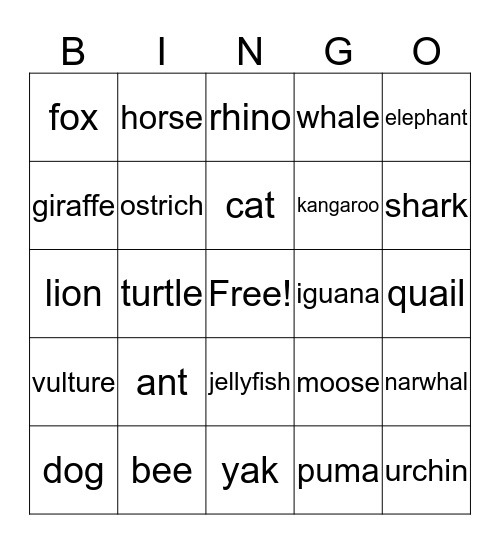 Animal Bingo Card