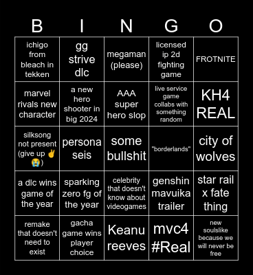 game award Bingo Card