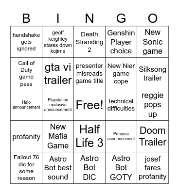 Game Awards bingo card Bingo Card
