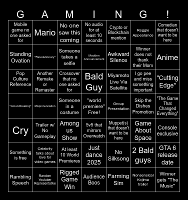 Gayme Awards Bingo Card