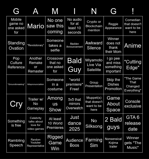 Gayme Awards Bingo Card