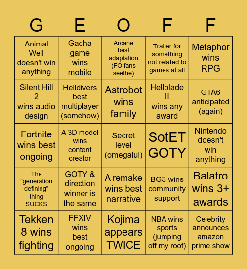 Game awards 2024 Bingo Card