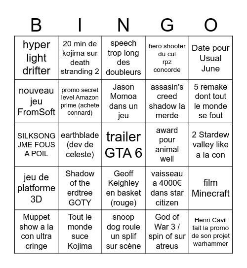 game award Bingo Card