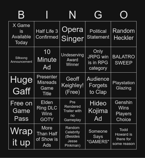 Game Awards Bingo Card