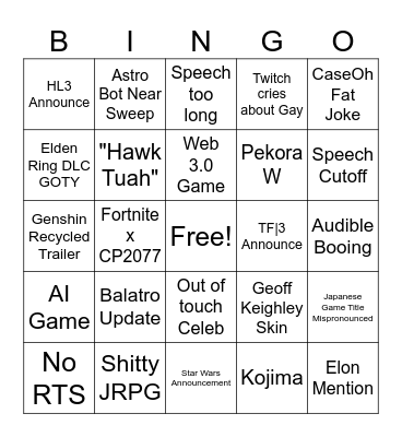Game Awards 2024 Bingo Card