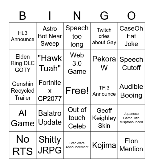 Game Awards 2024 Bingo Card