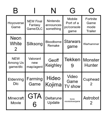 Game Awards 2024 Bingo Card