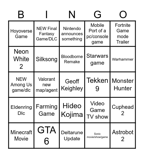 Game Awards 2024 Bingo Card