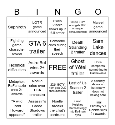 The Game Awards 2024 Bingo Card
