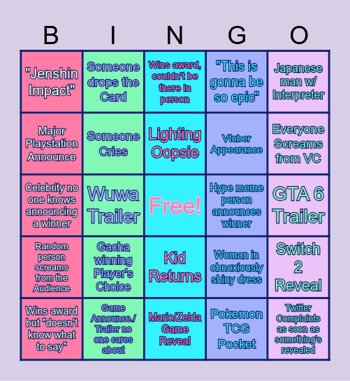 Game Awards Bingo Card