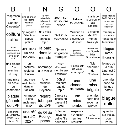 Bingo Miss France Bingo Card