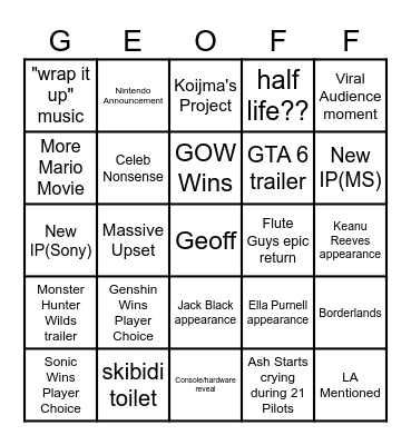 Game Awards 2024 Bingo Card