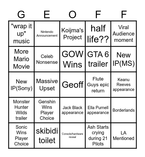 Game Awards 2024 Bingo Card