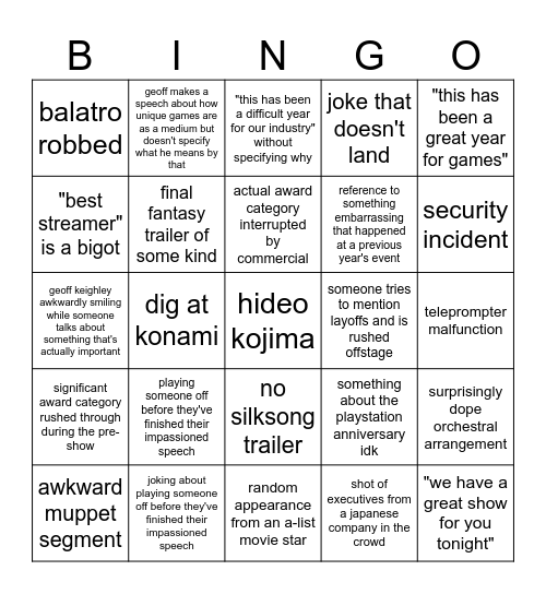 the game """awards""" bingo Card