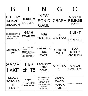 GAME AWARDS 2024 Bingo Card